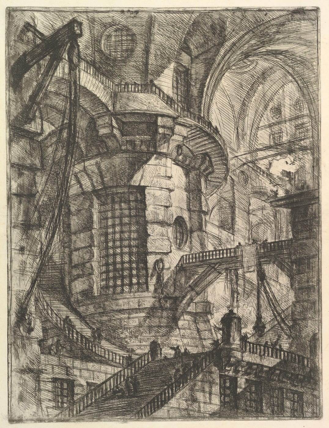 Etching of a vast imaginary prison interior with a round tower, stairways, ropes and arches
