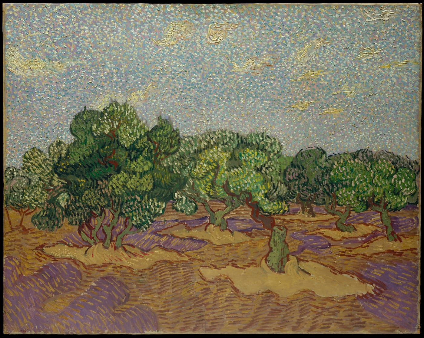Painting of olive trees in thick swirling brushstrokes over purple and ochre ground under a pale sky
